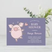 Invitation Petit Piggy Avec Balloon Rose Baby shower Violet (Debout devant)