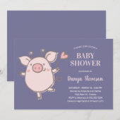 Invitation Petit Piggy Avec Balloon Rose Baby shower Violet (Devant / Derrière)