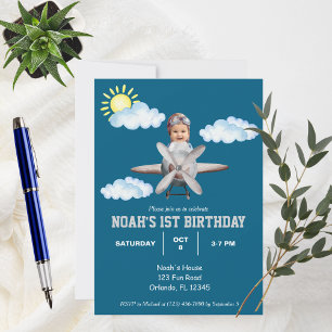 Invitation Petit pilote, avion & nuage, photo premier anniver