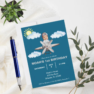 Invitation Petit pilote, avion & nuage, photo premier anniver