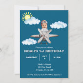 Invitation Petit pilote, avion & nuage, photo premier anniver (Devant)