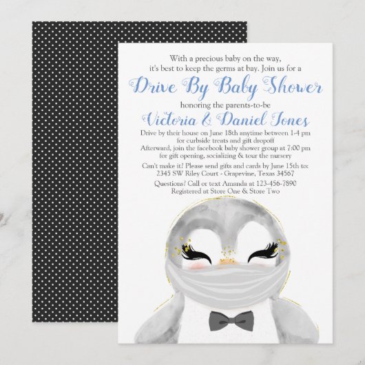 Invitation Petit pingouin avec Masque Drive Par Baby shower (Devant / Derrière)
