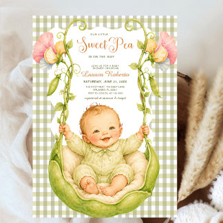 Invitation Petit Pois dans une Cosse Aquarelle Gingham Vert B