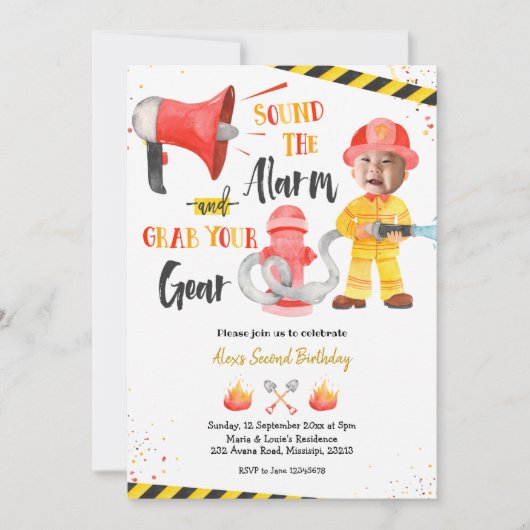 Invitation Petit Pompier Garçon Avec Photo Boy Anniversaire (Devant)