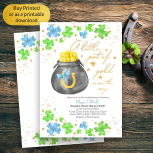 Invitation Petit Pot d'Or Baby Shower Shamrock Bleu Vert