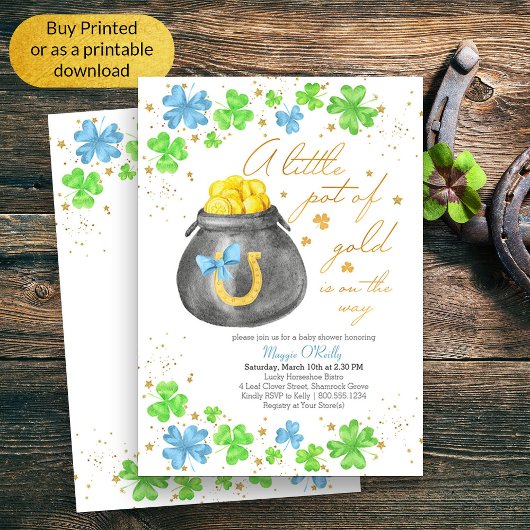 Invitation Petit Pot d'Or Baby Shower Shamrock Bleu Vert
