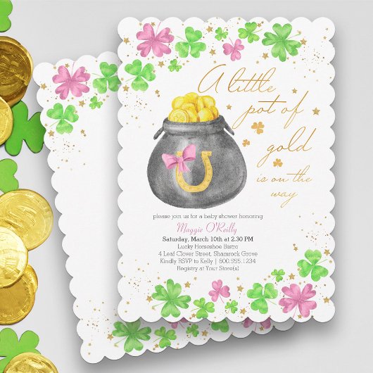 Invitation Petit Pot d'Or Fête de Naissance Rose Vert Trèfle
