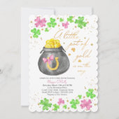 Invitation Petit Pot d'Or Fête de Naissance Rose Vert Trèfle (Devant)