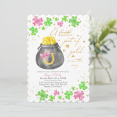 Invitation Petit Pot d'Or Fête de Naissance Rose Vert Trèfle (Debout devant)