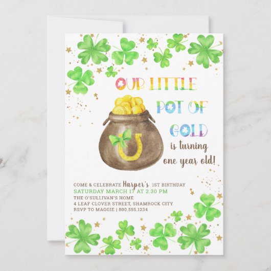 Invitation Petit Pot d'or Lucky Shamrock 1er anniversaire (Devant)