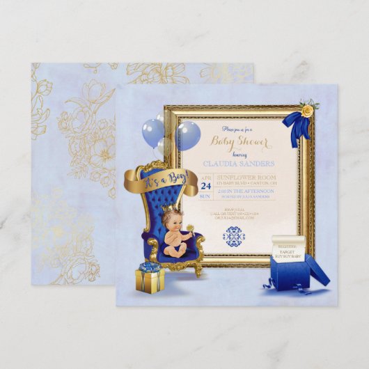Invitation Petit Prince Baby Boy Gold Crown Royal Blue (Devant / Derrière)