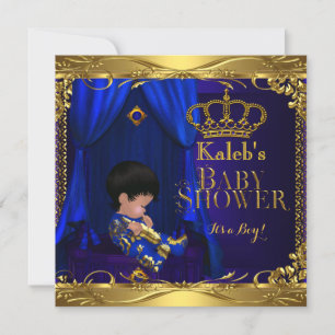 Invitation Petit Prince Baby Shower Garçon Bleu Royal Couronn