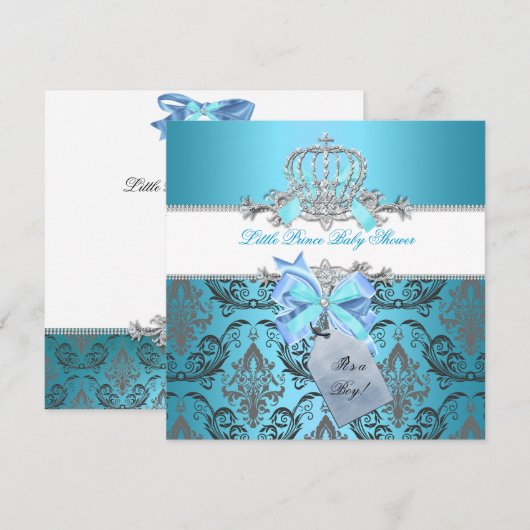 Invitation Petit Prince Baby shower Garçon Turquoise Couronne (Devant / Derrière)