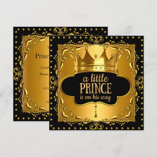 Invitation Petit Prince Baby shower Gold Foil Couronne noir (Devant / Derrière)