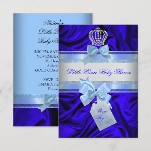 Invitation Petit Prince Bébé Fille/Garçon Shower Bleu Royal 2 (Devant / Derrière)