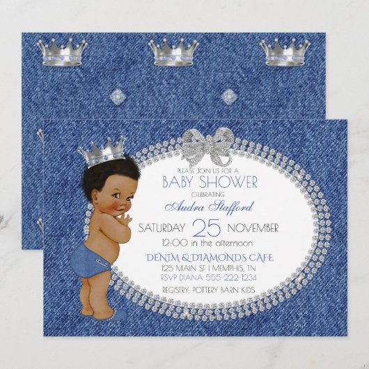 Invitation Petit Prince Bébé Garçon Denim & Diamants (Devant / Derrière)