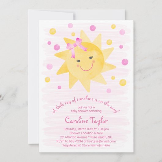 Invitation Petit rayon de soleil Baby shower jaune rose (Devant)