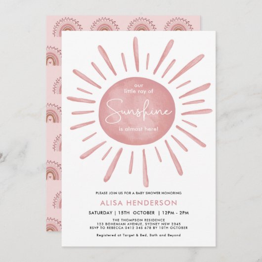 Invitation Petit rayon de soleil Boho rose Baby shower solair (Devant / Derrière)