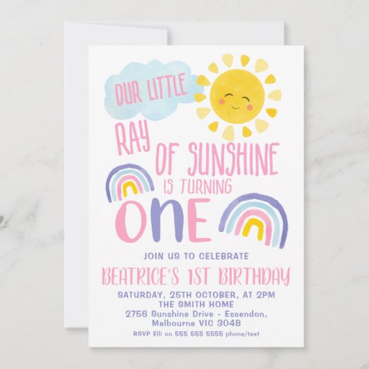 Invitation Petit Rayon Rose Violet De Soleil 1er Anniversaire (Devant)