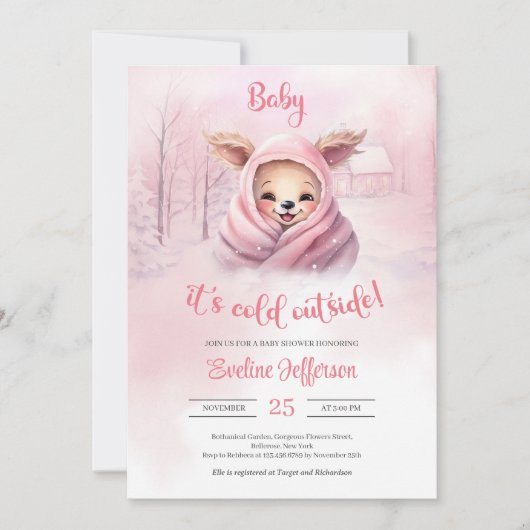 Invitation Petit renne rose mignon en hiver rose (Devant)