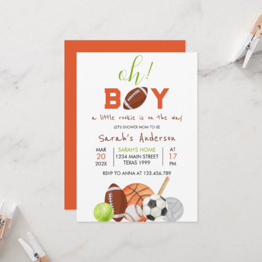 Invitation petit rookie C'est un Baby shower sportif garçon (Devant/Arrière en situation)