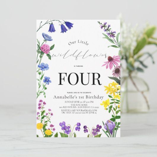Invitation Petit script Fleur sauvage Anniversaire (Debout devant)