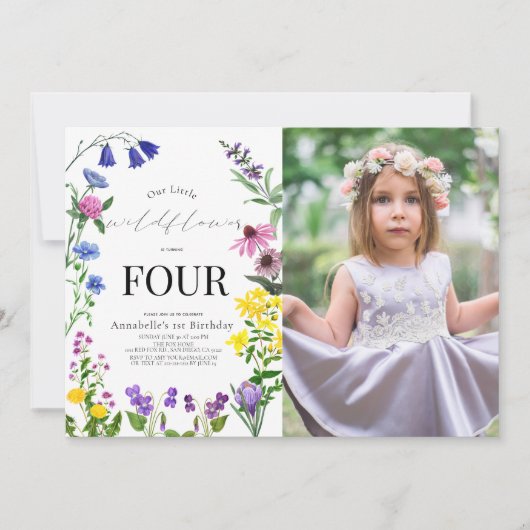 Invitation Petit script Fleur sauvage photo d'anniversaire (Devant)
