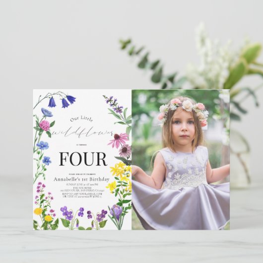 Invitation Petit script Fleur sauvage photo d'anniversaire (Debout devant)