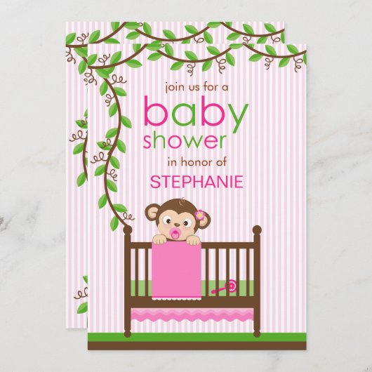 Invitation Petit singe dans un Baby shower de fille en lèche (Devant / Derrière)