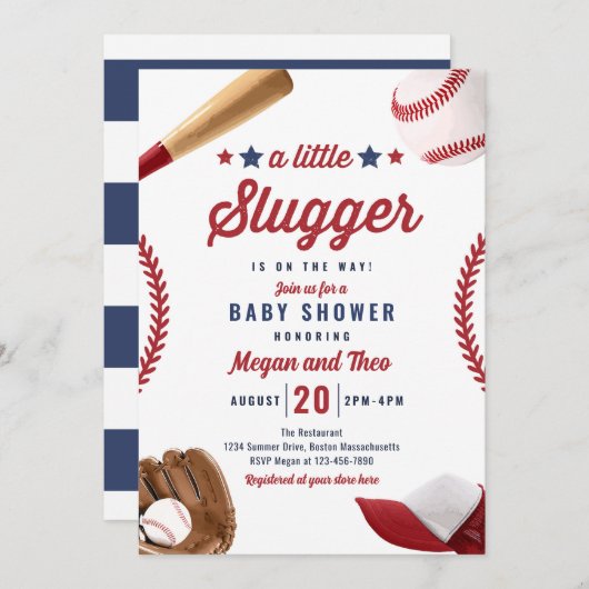 Invitation Petit Slugger De Baseball Sur Le Chemin Baby showe (Devant / Derrière)