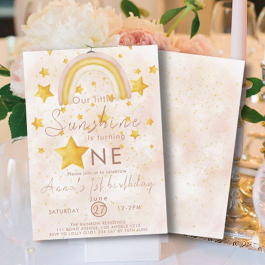 Invitation Petit soleil boho arc-en-ciel étoile dorée anniver