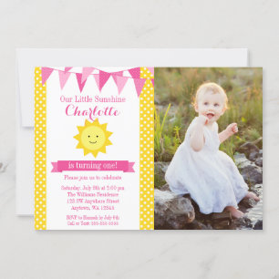 Invitation Petit soleil Coussin rose Jaune Photo Anniversaire