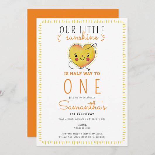 Invitation Petit soleil demi-chemin à un 6 mois Anniversaire (Devant / Derrière)