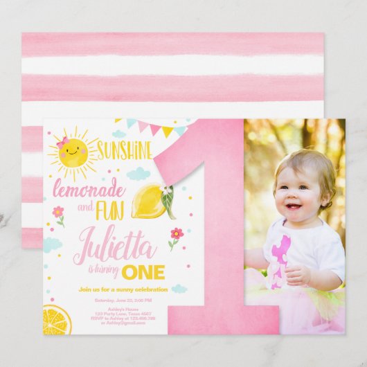 Invitation Petit soleil Lemonade Rose Girl Lemon Anniversaire (Devant / Derrière)