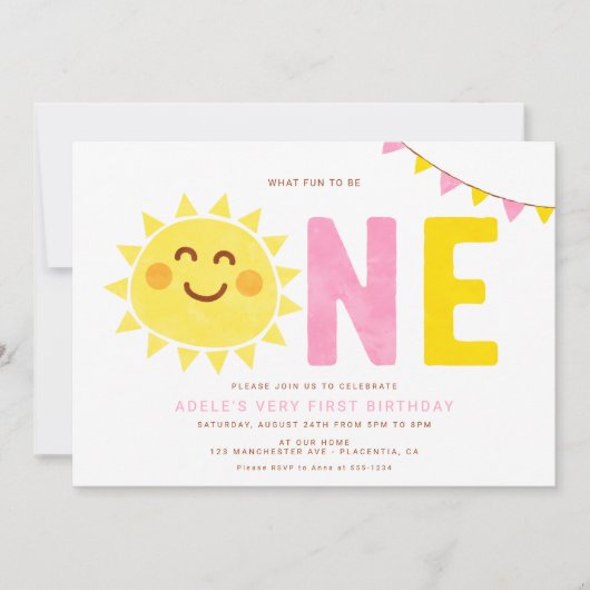 Invitation Petit soleil minimaliste première fille d'annivers (Devant)