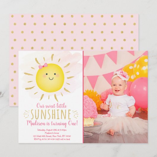 Invitation Petit soleil rose et or Anniversaire (Devant / Derrière)