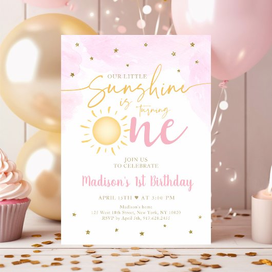 Invitation Petit Soleil Rose Or 1er Anniversaire
