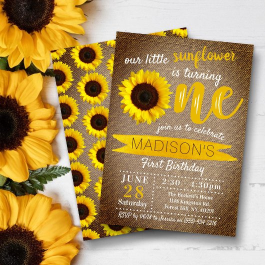 Invitation Petit tournesol Rustique Burlap 1er anniversaire