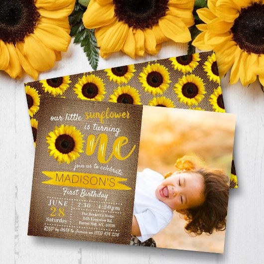 Invitation Petit tournesol Rustique Burlap 1er anniversaire P