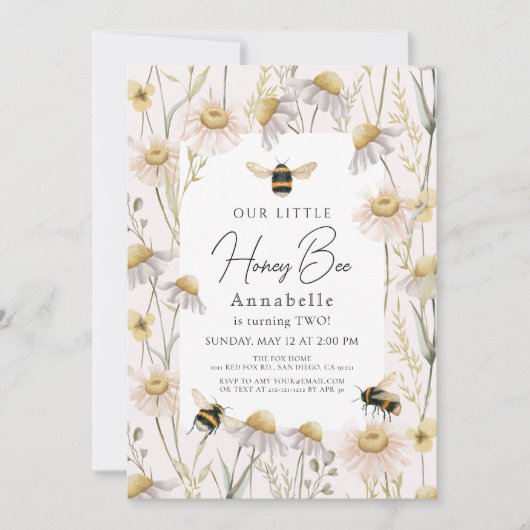 Invitation Petite abeille de miel Chamomile Boho rose Anniver (Devant)