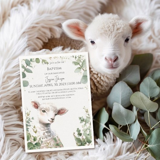 Invitation Petite agneau de bébé et Eucalyptus baptism Invita