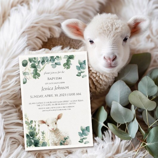 Invitation Petite agneau de bébé et Eucalyptus baptism Invita