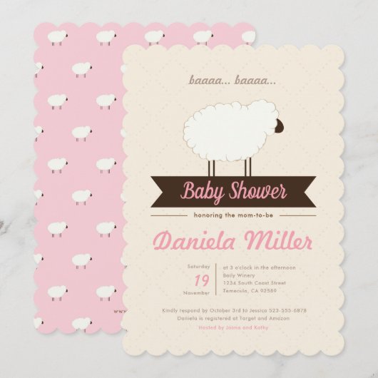 Invitation Petite agneau rose bébé fille douche (Devant / Derrière)