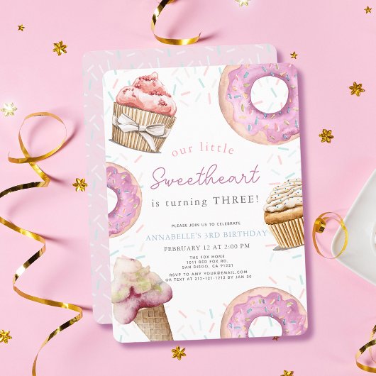 Invitation Petite amoureuse Cupcake rose & Donut Anniversaire