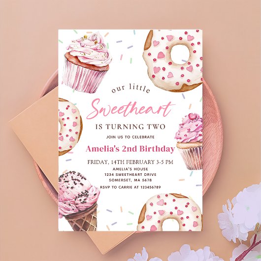 Invitation Petite amoureuse Cupcake rose & Donut Anniversaire