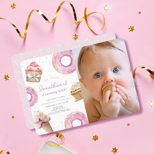 Invitation Petite amoureuse Cupcake rose Photo 1er anniversai