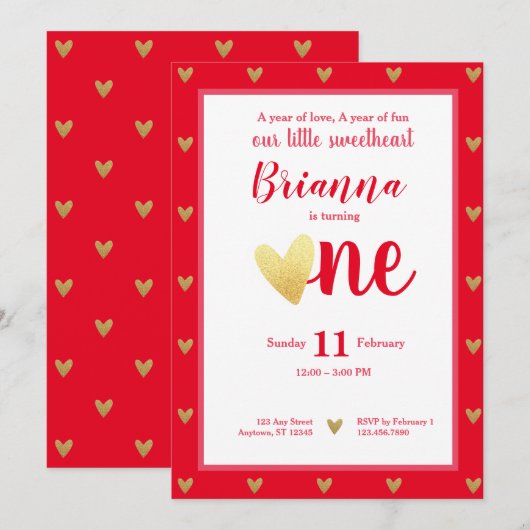 Invitation Petite amoureuse Valentine Coeurs Premier annivers (Devant / Derrière)