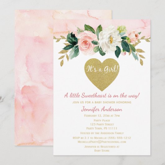 Invitation Petite amoureuse Valentine fille Baby shower rose (Devant / Derrière)