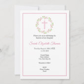 Invitation Petite aquarelle rose fleurs couronne et croix (Devant)