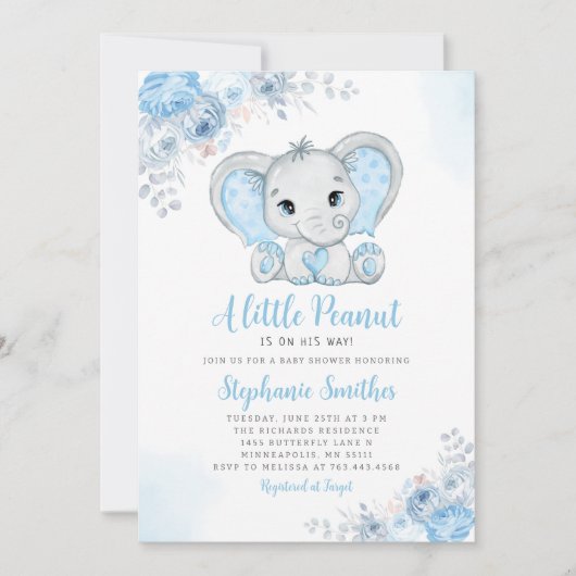 Invitation Petite arachide aquarelle garçon éléphant Baby sho (Devant)